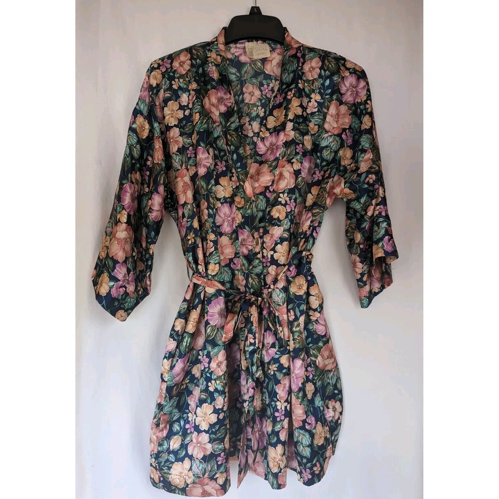 Vtg California Dynasty Robe Women's M Multicolor Floral Robe 3/4 Sleeve